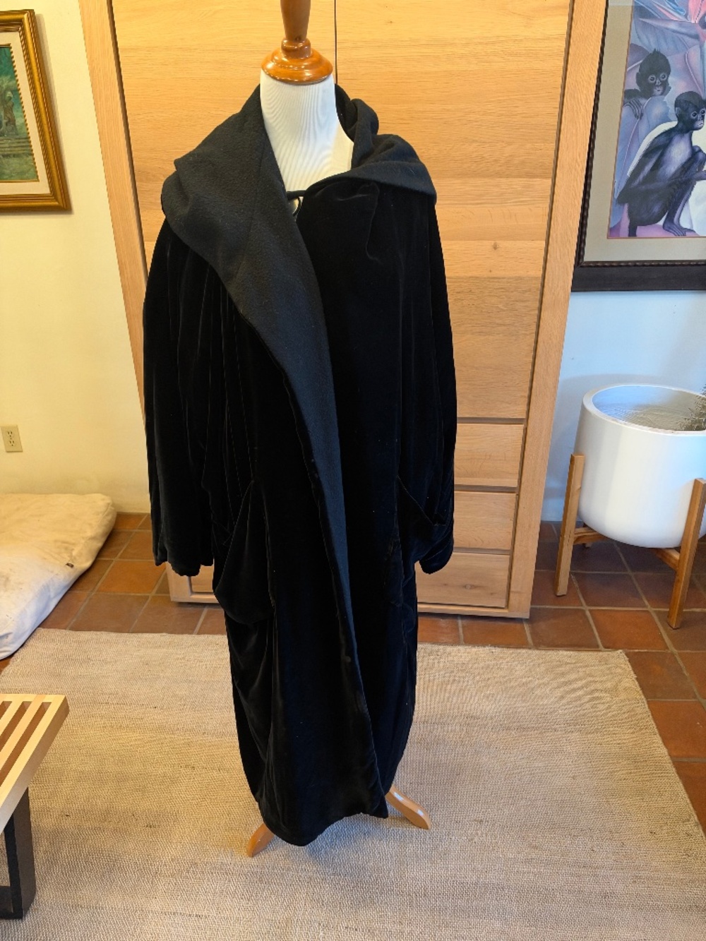 Vintage HARRIETT SELWYN Long Black Velvet / Wool Reversible Coat